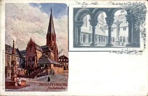 Künstler Ak Aschaffenburg in Unterfranken, Stiftskirche, Brunnen, Kreuzgang