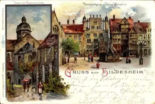 Litho Hildesheim in Niedersachsen, Dom mit Rosenstrauch, Templerhaus und Haus Wedekind