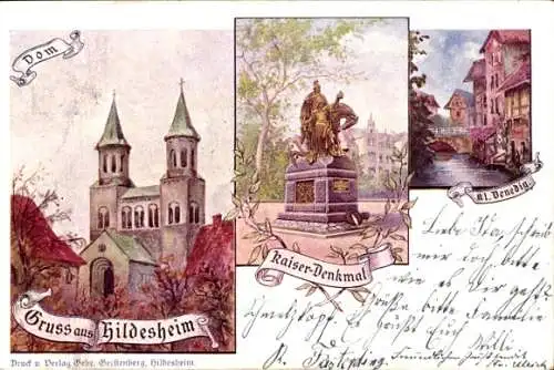 Litho Hildesheim in Niedersachsen, Dom, Kaiserdenkmal, klein Venedig