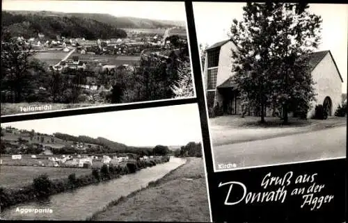 Passepartout Ak Donrath Lohmar in NRW, Teilansicht, Kirche, Aggerpartie, Gasthof Altes Haus