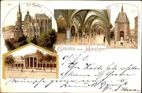 Litho Aachen in Nordrhein Westfalen, Rathaus, Krönungssaal, Maschier Tor, Elisenbrunnen, Das Münster