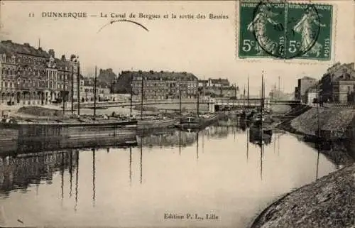 Ak Dunkerque Dünkirchen Nord, Canal de Bergues, Sortie des Bassins, Lastschiffe