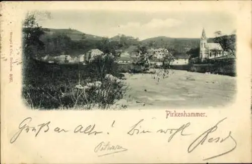 Ak Březová Pirkenhammer Region Karlsbad, Kirche vom Ufer aus gesehen