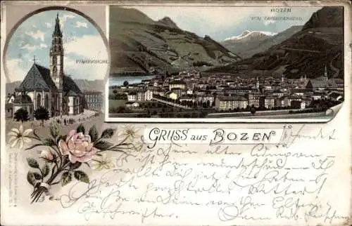 Litho Bozen Bolzano Südtirol, Pfarrkirche, Blick vom Calvarienberg