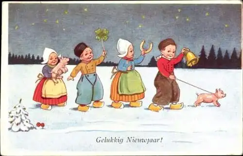 Künstler Ak Wills, John, Fröhliches Neujahr, Kinder in niederländischer Tracht, Schweine, Klee