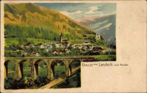 Litho Landeck in Tirol, Gesamtansicht mit Viadukt
