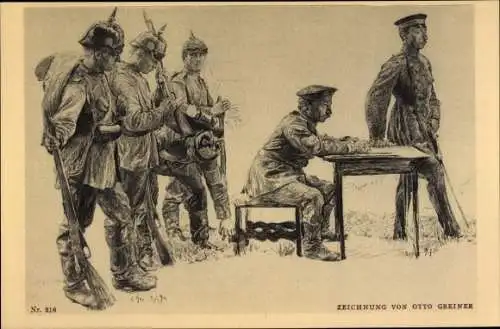 Künstler Ak Greiner, Otto, Soldaten in Uniform mit Gewehren, Schreibtisch, Pickelhaube