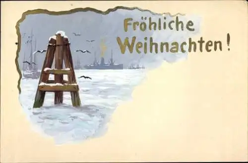 Handgemalt Ak Glückwunsch Weihnachten, Winterlandschaft, Dampfer