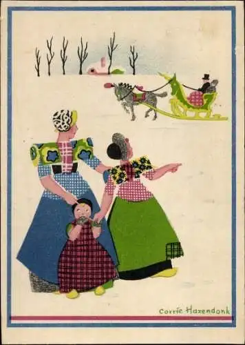 Künstler Ak Hazendonk, Corrie, Schlittengespann, niederländische Trachten