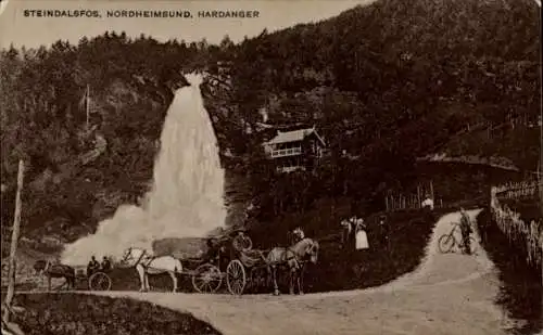 Ak Hardanger Norwegen, Steindalsfos, Nordheimsund, Wasserfall, Kutschen