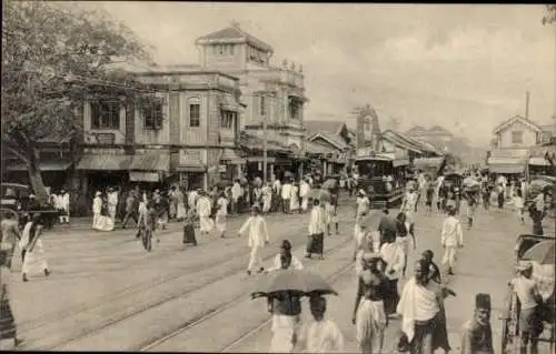 Ak Pettah Colombo Ceylon Sri Lanka, Straßenpartie, Straßenbahn