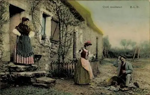 Ak Französische Tracht, Tollpatschiger Mann kniet vor einer Frau
