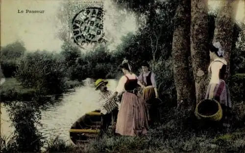 Ak Französische Tracht, Frau steigt in ein Ruderboot ein, Fluss