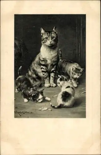 Künstler Ak Katzenfamilie, Verspielte jung Katzen