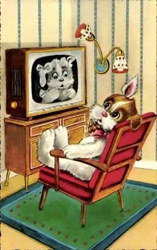 Ak Vermenschlichte Tiere, Hund sieht fern, Geliebte Frau im Fernseher