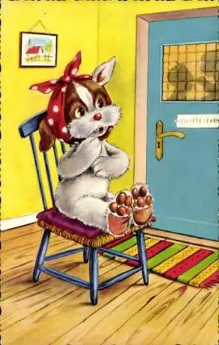 Ak Vermenschlichte Tiere, Hund in der Arztpraxis, Patient, Verband