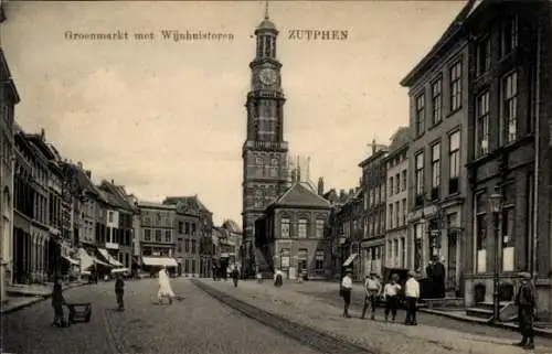 Ak Zutphen Gelderland, Groenmarkt mit Wijnhuistoren