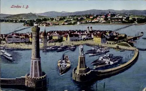 Ak Lindau am Bodensee Schwaben, Totalansicht, Leuchtturm, Denkmal, Schiffe