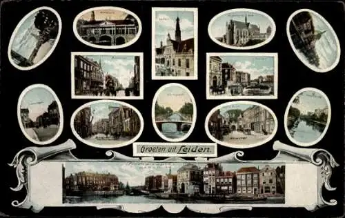 Ak Leiden Südholland Niederlande, Teilansichten, Kirche, Brücke
