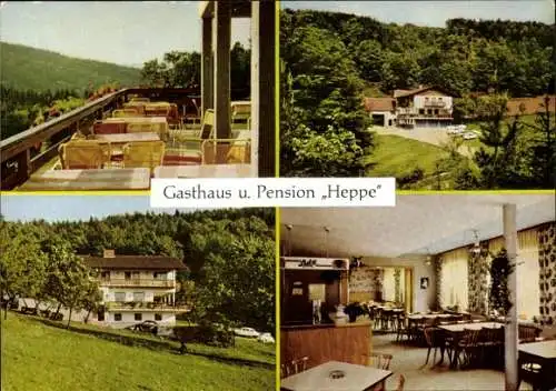 Ak Krausenbach Dammbach im Spessart, Gasthaus und Pension Heppe, Terrasse, Gastraum, Außenansicht