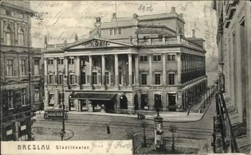 Ak Wrocław Breslau Schlesien, Stadttheater, Straßenbahn