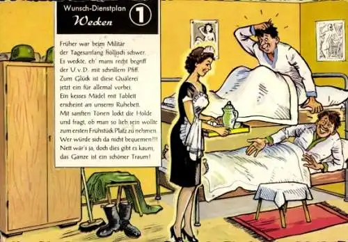 Künstler Ak Deutsche Bundeswehr, Wunsch-Dienstplan, Wecken, Kellnerin