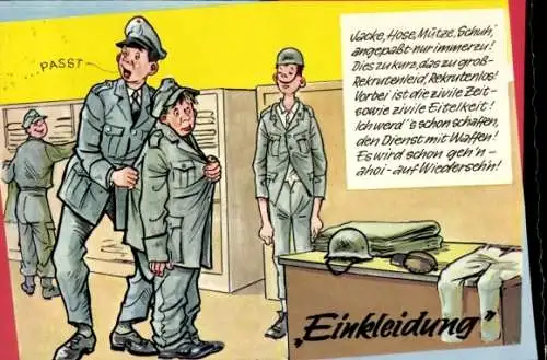 Künstler Ak Deutsche Bundeswehr, Einkleidung, Soldaten in der Kleiderkammer