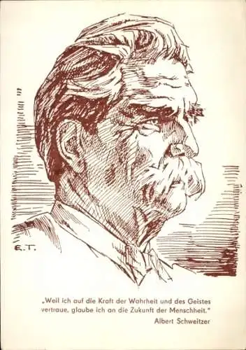 Künstler Ak Tacke, Eberhard, Albert Schweitzer, Portrait, Zitat