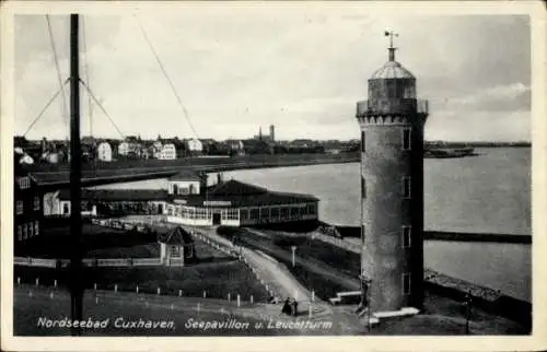 Ak Cuxhaven, Seepavillon und Leuchtturm