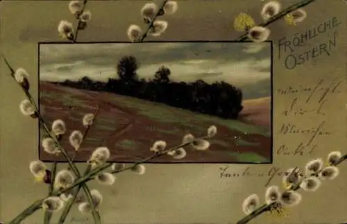 Künstler Litho Mailick, Glückwunsch Ostern, Landschaft, Weidenkätzchen