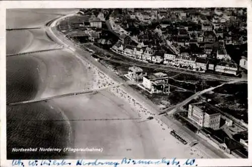 Ak Norderney in Ostfriesland, Fliegeraufnahme vom Ort, Strand, Meer