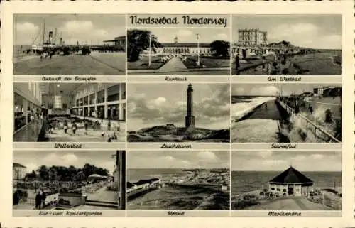 Ak Norderney, Ankunft der Dampfer, Kurhaus, Sturmflut, Leuchtturm, Wellenbad, Strand, Marienhöhe