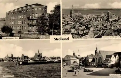 Ak Stralsund in Vorpommern, Krankenhaus am Sund, Hauptbahnhof, St. Nikolai, St. Jakobi, Hafen