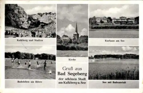 Ak Bad Segeberg in Holstein, Kalkberg, Stadion, Kurhaus, Badeleben am Ihlsee, Kirche