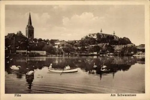 Ak Plön am See Holstein, Schwanensee, Ruderboot, Schwäne, Kirche