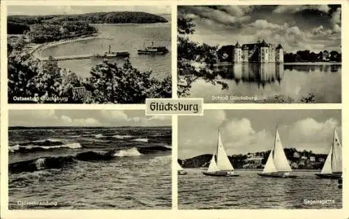 Ak Glücksburg an der Ostsee, Schloss, Segelregatta, Brandung