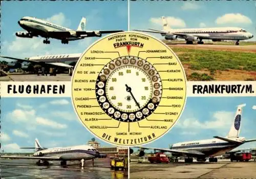 Ak Flughafen Frankfurt am Main, Passagierflugzeuge Air France, Pan American, Weltzeituhr