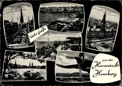 Ak Hamburg, Mönckebergstraße, Petrikirche, Rathaus, Alsterpavillon, Landungsbrücken, Flughafen