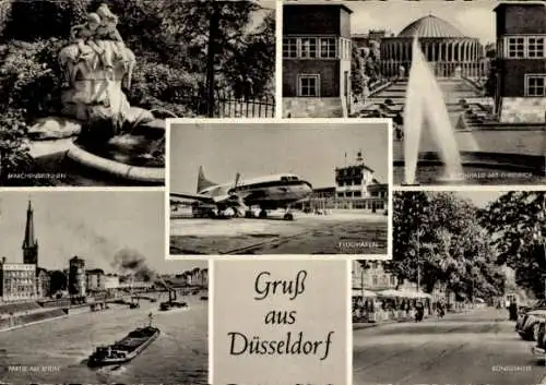 Ak Düsseldorf am Rhein, Rheinhalle, Ehrenhof, Königsallee, Flughafen, Märchenbrunnen