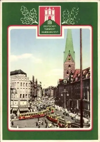 Ak Hamburg Mitte Altstadt, Deutsches Turnfest 1953, Verkehr am Rathaus, Straßenbahnen