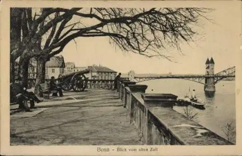 Ak Bonn am Rhein, Blick vom alten Zoll, Kanone, Brücke, Schiff