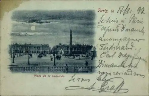 Mondschein Ak Paris VIII, Place de la Concorde