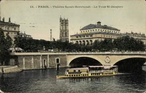 Ak Paris IV, Boulevard de Sebastopol, Tour Saint Jacques, Theatre Sarah-Bernhardt, Ausflugsschiff