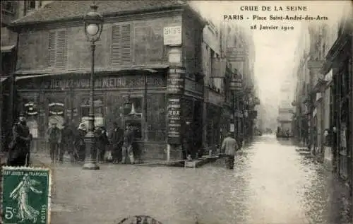 Ak Paris VI, Seine-Hochwasser, 28. Januar 1910, Place Saint-Andre-des-Arts