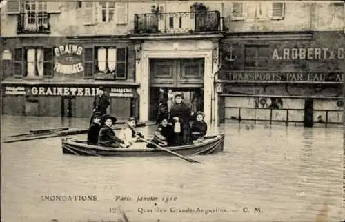 Postkarte Paris VI, Quai des Grands Augustins, Die große Seine-Flut Januar 1910