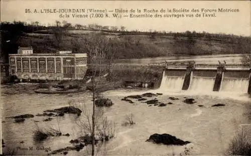 Ak L'Isle Jourdain Vienne, Usine de la Roche de la Soc. des Forces Motrices, ouvrages vus de l'aval