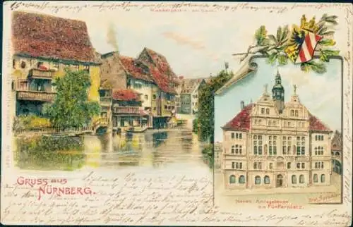 Glitzer Künstler Litho Spindler, Nürnberg Mittelfranken, Neues Amtsgebäude am Fünferplatz, am Sand