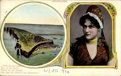 Ak Nordseeinsel Helgoland, Panorama, Frau in Tracht