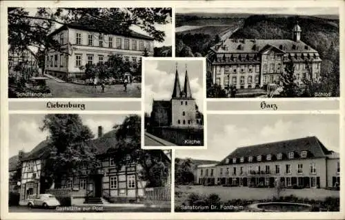 Ak Liebenburg im Harz, Schullandheim, Schloss, Gaststätte zur Post, Sanatorium, Kirche