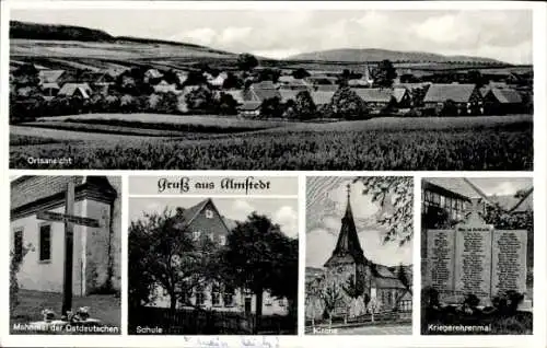 Ak Almstedt Sibbesse in Niedersachsen, Ortsansicht, Mahnmal der Ostdeutschen, Kirche, Schule